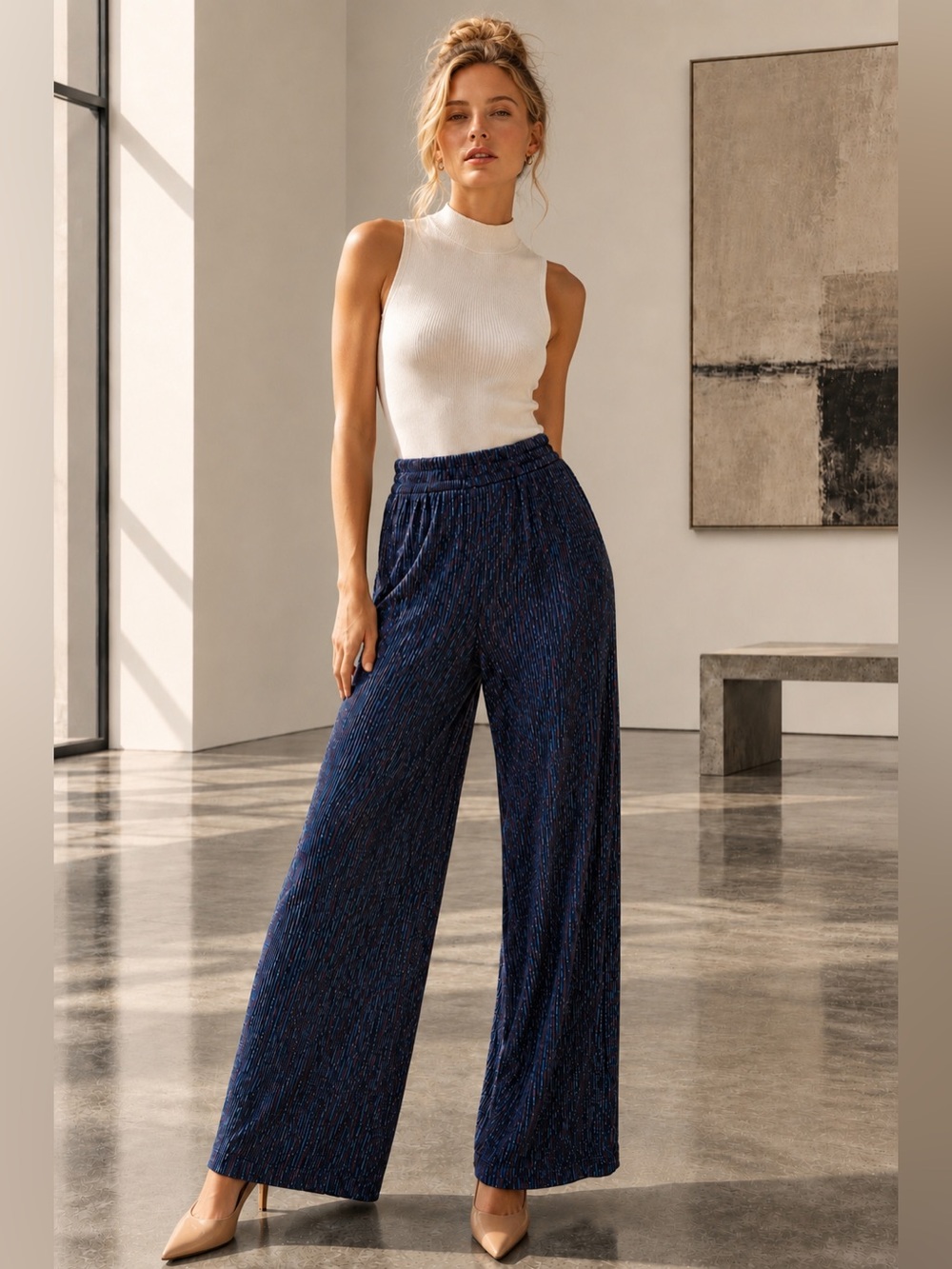 Skies Are Blue Crinkled Wide Leg Shimmer Pants Blue Teal Purple Metallic Size M
